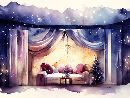 Watercolor Christmas interior. Winter landscape with snowflakes.の素材