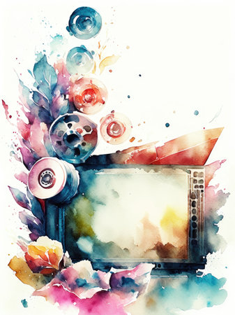 Watercolor old TV with flowers and ribbons on white backgroundの素材