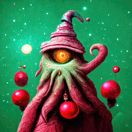 Fantasy alien with a magic hat and red Christmas balls.の素材