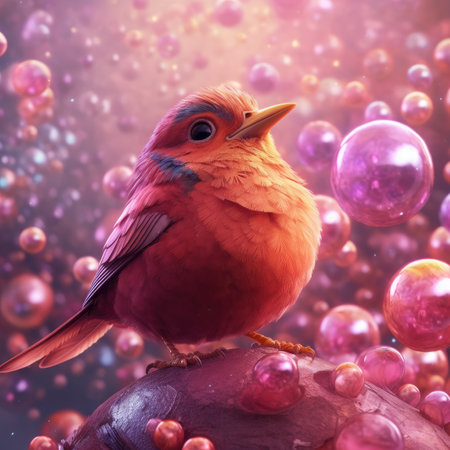 Colorful bird on a background of pink beads and bokehの素材