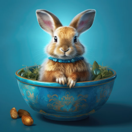 Rabbit in a bowl with Easter eggs on a blue background.の素材