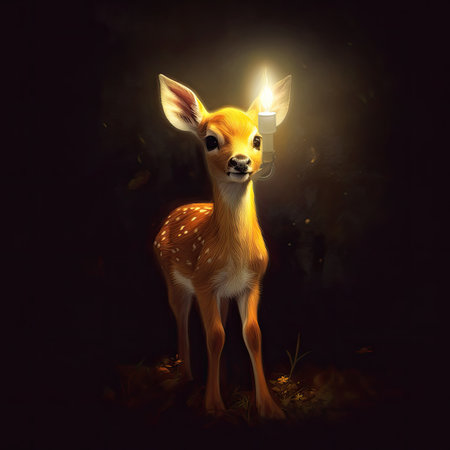 Fawn with a magic wand in his hand on a dark backgroundの素材