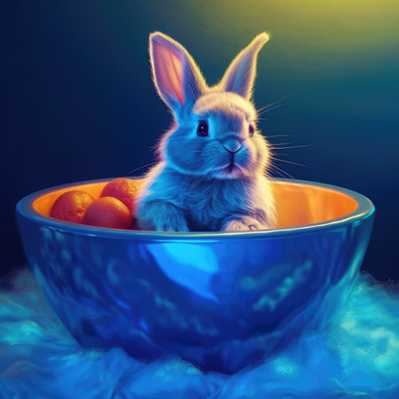 Easter bunny in a blue bowl with easter eggs on a blue backgroundの素材