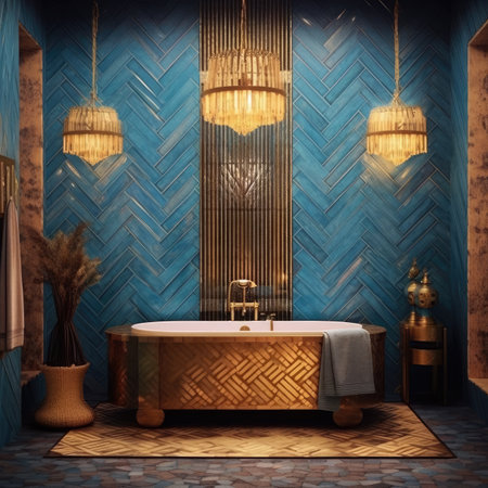 luxury bathroom with blue wall and golden bathtub.の素材