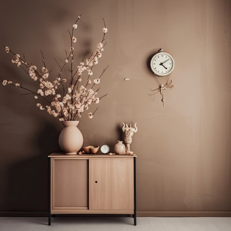 Vase with spring flowers on chest of drawers near brown wallの素材