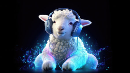 Sheep listening to music with headphones on black background.の素材