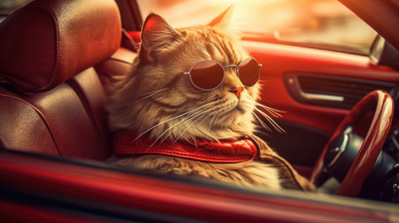 Cute cat in a red leather jacket and sunglasses driving a car.の素材