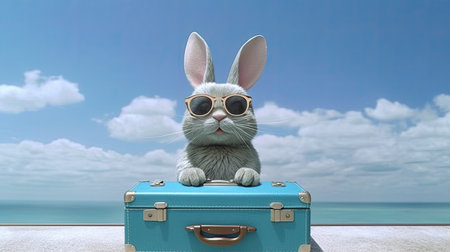 Easter bunny with sunglasses and a suitcase on the beach.の素材