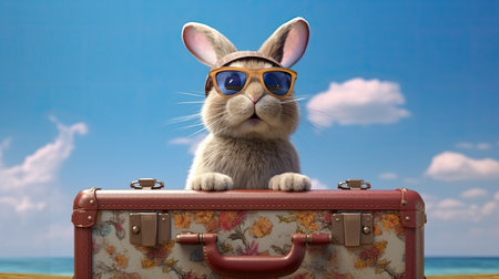 Cute rabbit with sunglasses and suitcase on the beach.の素材