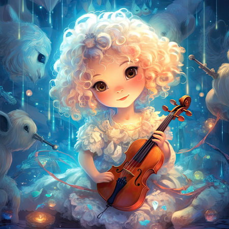 Cute little girl playing violin in fairy forest. Fantasy illustration.の素材
