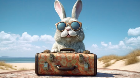 Rabbit with sunglasses and suitcase on the beach.の素材