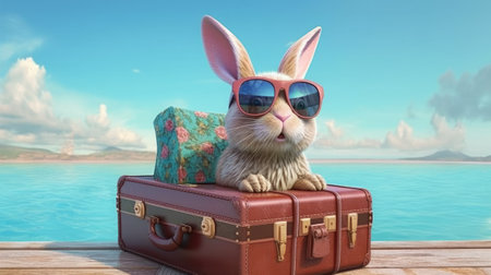 Cute rabbit with sunglasses and suitcase on the beach.の素材