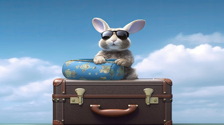 Cute rabbit with sunglasses sitting on a suitcase and looking at the skyの素材