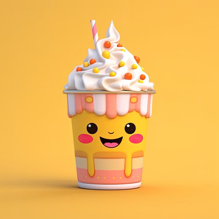 Cupcake with whipped cream on yellow background.の素材