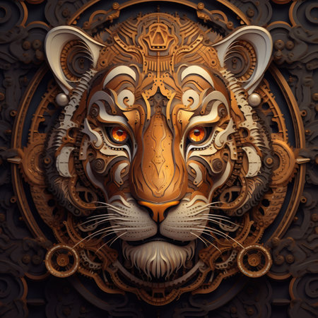a tiger head with ornaments on a dark backgroundの素材
