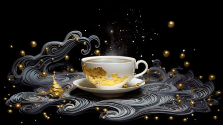Cup of coffee with golden Christmas tree on black background.の素材