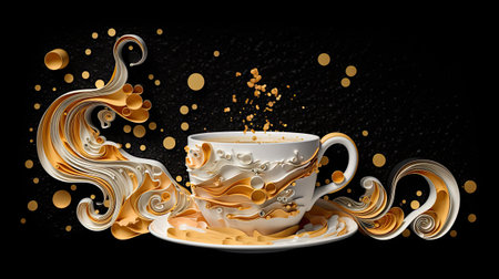 Cup of coffee with gold splash on black background.の素材