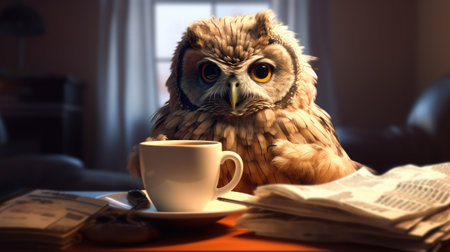 Owl with a cup of coffee and newspaper in the room.の素材