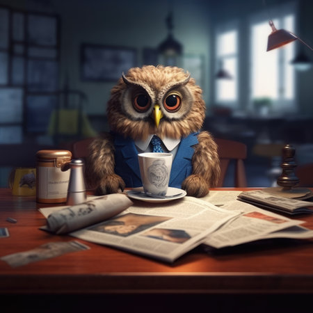 Owl with coffee and newspaper in his hand at the table.の素材