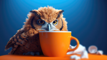 Owl with cup of coffee on blue background.の素材