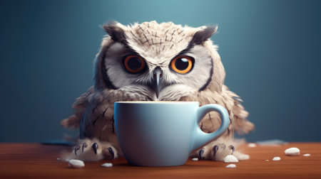 Owl with cup of coffee on blue background.の素材