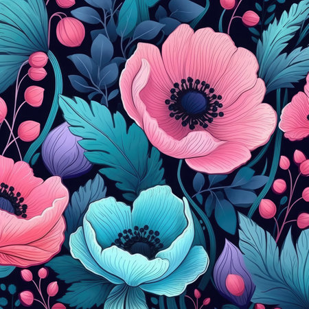 pattern with anemones and leaves.の素材