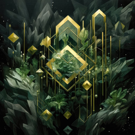 Abstract geometric background with golden geometric shapes and leaves.の素材