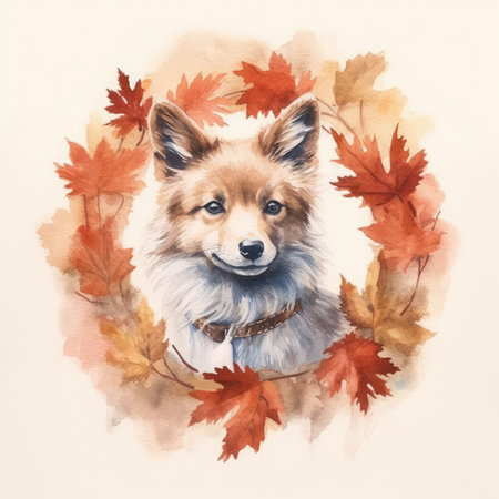 Watercolor illustration of a dog in a wreath of autumn leaves.の素材