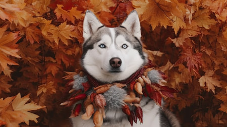 Portrait of a beautiful Siberian Husky dog in a scarf on a background of autumn leaves.の素材