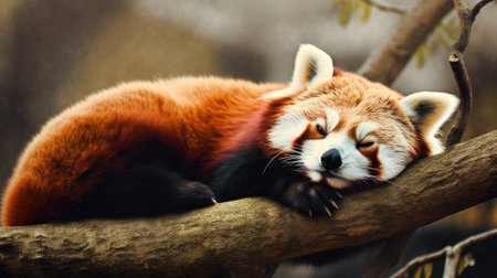 Red panda sleeping on a tree in a zoo, closeupの素材