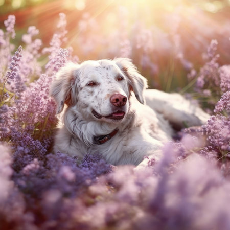 Beautiful dog in a field of purple heather in the rays of the setting sunの素材