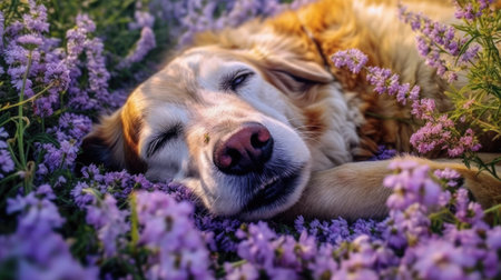 Beautiful Golden Retriever lying in a field of purple flowersの素材