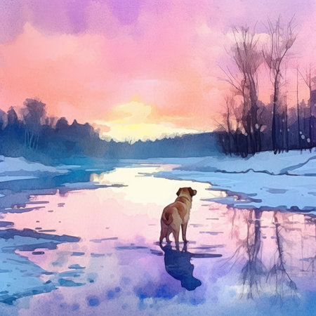 Watercolor dog standing on the shore of a frozen lake at sunsetの素材