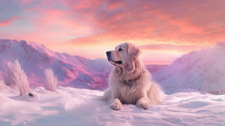 Golden Retriever sitting on snow at sunset.の素材