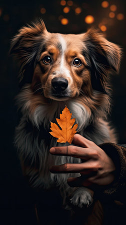 Portrait of australian shepherd with autumn leaf in her handの素材