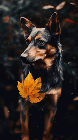 Dog with autumn leaf on a background of trees in the forest.の素材