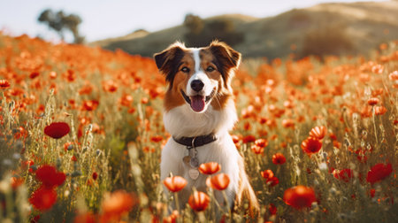 Portrait of a cute Australian shepherd dog in a poppy field.の素材