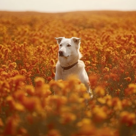 White Swiss Shepherd dog standing in a field of red poppiesの素材