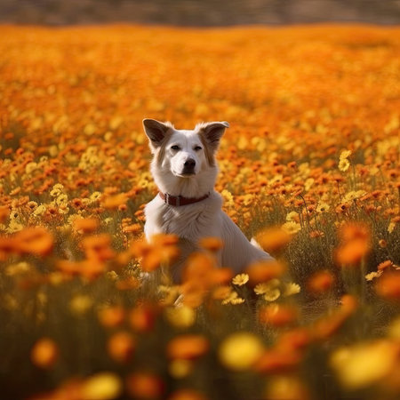 White dog in a field of poppies. Selective focus.の素材