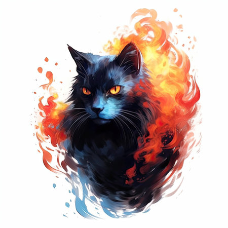 Watercolor Black cat on fire background.の素材