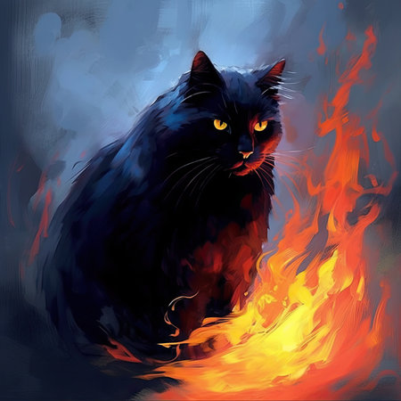 Black cat on the background of a burning fire.の素材