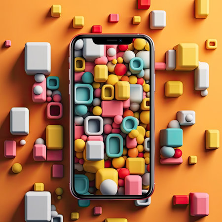 Smartphone with colorful cubes on orange background.の素材
