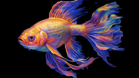Colorful goldfish isolated on black background. Betta fish.の素材