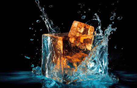 Ice cubes with water splash on a black background.の素材