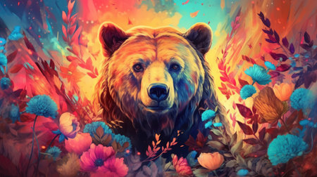 Grizzly bear among autumn flowers.の素材