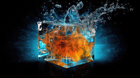 Ice cube with water splash on black background.の素材