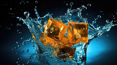 Ice cubes falling into water with splash on black background.の素材