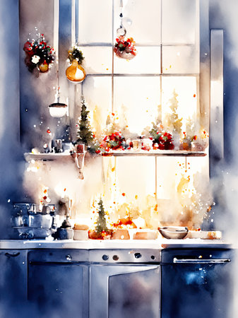 Watercolor illustration of christmas kitchen with christmas tree and presentsの素材