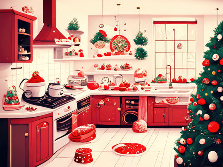 Red kitchen with christmas tree and presents.の素材