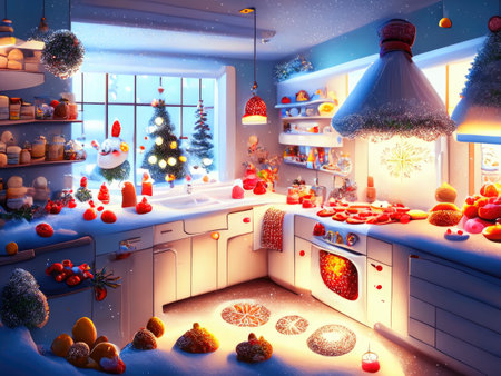 christmas kitchen with christmas tree and presentsの素材